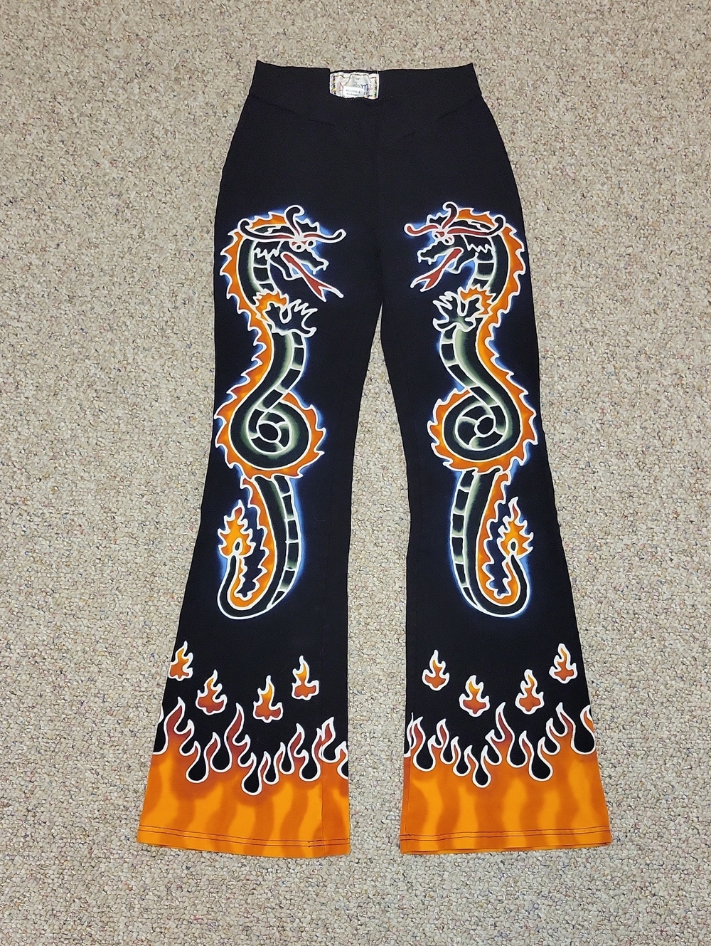 Designs By Naomi Black Dragon & Flame Flared Yoga Pants Medium Artsy Colorful